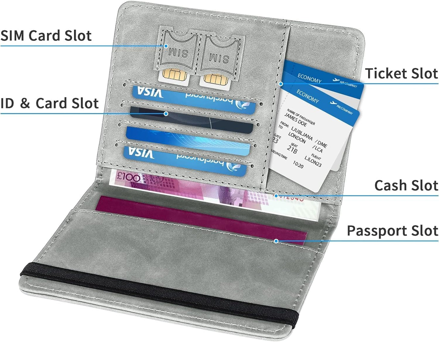 Passport Holder Cover Travel Wallet Organiser, Passport Case with RFID Blocking, PU Leather Travel Document Holder for Men & Women