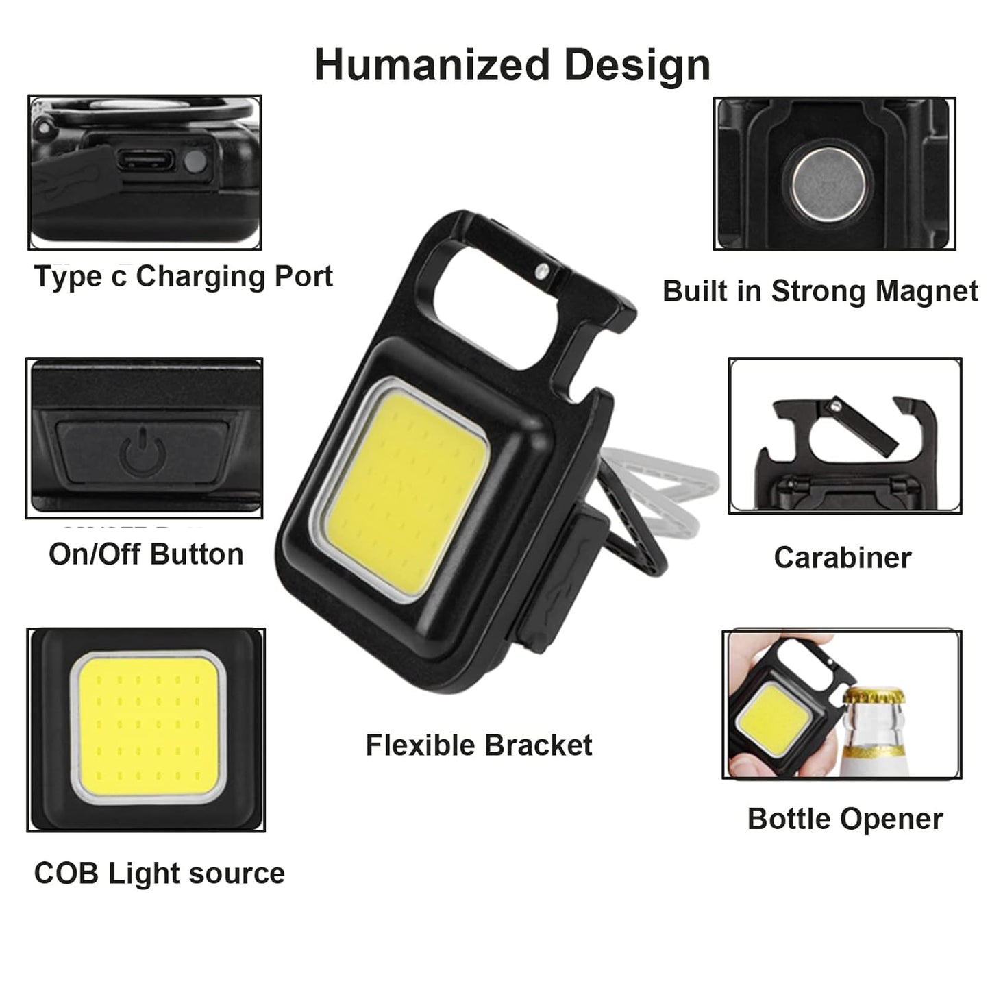 COB Keychain Light,Rechargeable Led Small Flashlight 500 Lumens Bright 4 Light Modes Pocket Emergency Work Light with Corkscrew & Magnet Base for Indoor Outdoor Use