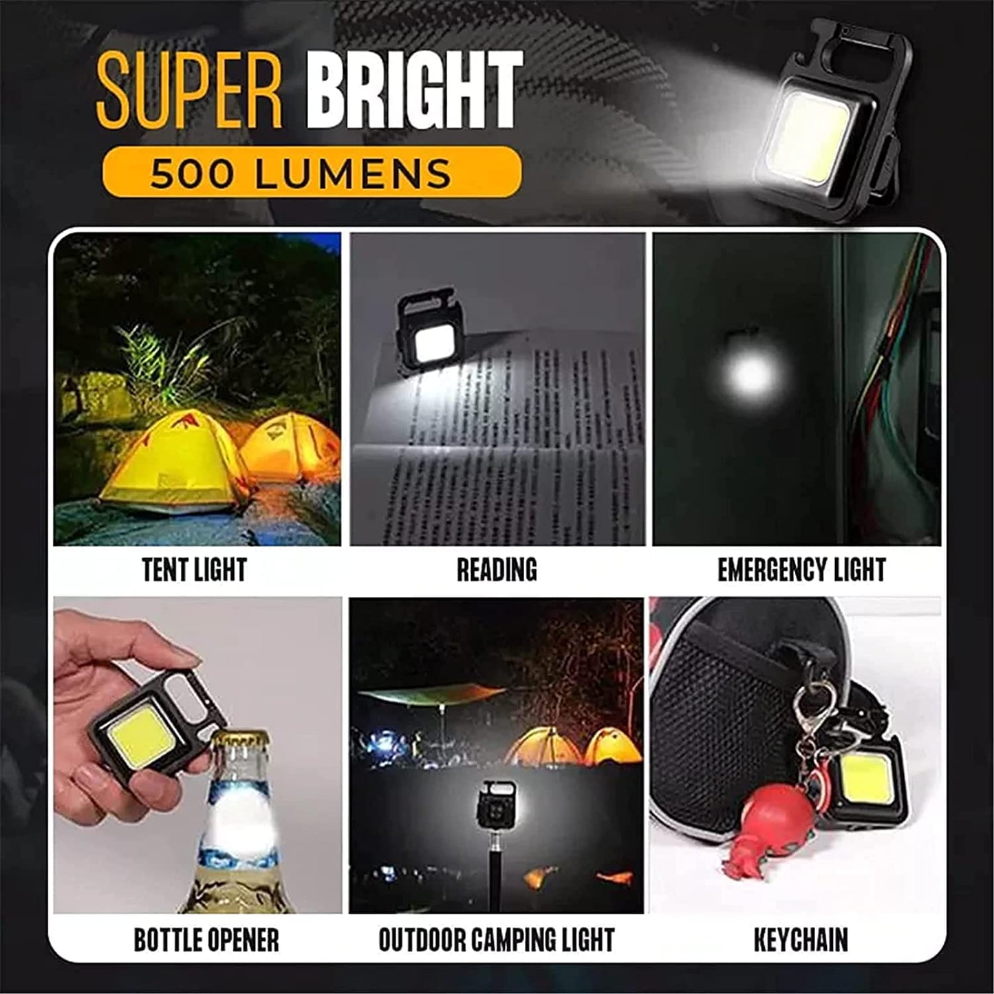 COB Keychain Light,Rechargeable Led Small Flashlight 500 Lumens Bright 4 Light Modes Pocket Emergency Work Light with Corkscrew & Magnet Base for Indoor Outdoor Use