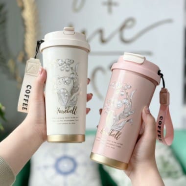 Premium Quality | Vintage Double Wall Insulated Coffee Mug | Thermal Sipper with Straw | Golden Flower Printed | 500ml