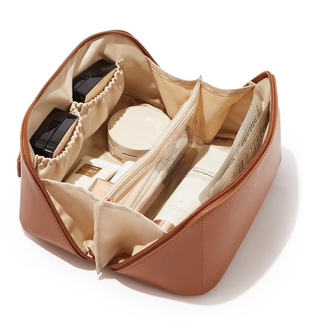 Large Capacity Cosmetic Bag Travel Bag Waterproof Leather Makeup Organizer With Wide Opening, Dividers With Handle (Cross Open), 12 Cm