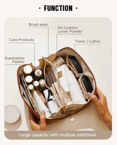 Large Capacity Cosmetic Bag Travel Bag Waterproof Leather Makeup Organizer With Wide Opening, Dividers With Handle (Cross Open), 12 Cm