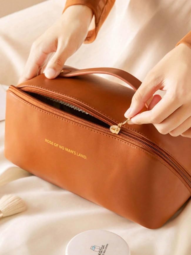 Large Capacity Cosmetic Bag Travel Bag Waterproof Leather Makeup Organizer With Wide Opening, Dividers With Handle (Cross Open), 12 Cm