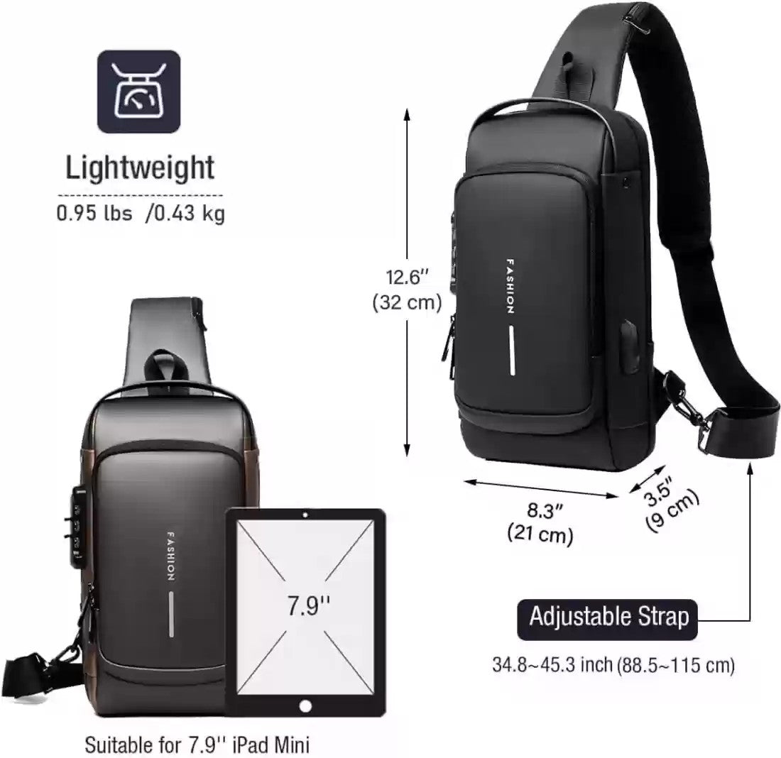 Sling Bag Business Men Bag Chest Crossbody Bags with USB Charging Port Waterproof Small Backpack for Outdoor Work Hiking Running Sport Travel Bag Shoulder Bag