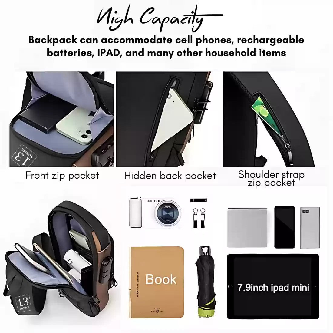 Sling Bag Business Men Bag Chest Crossbody Bags with USB Charging Port Waterproof Small Backpack for Outdoor Work Hiking Running Sport Travel Bag Shoulder Bag