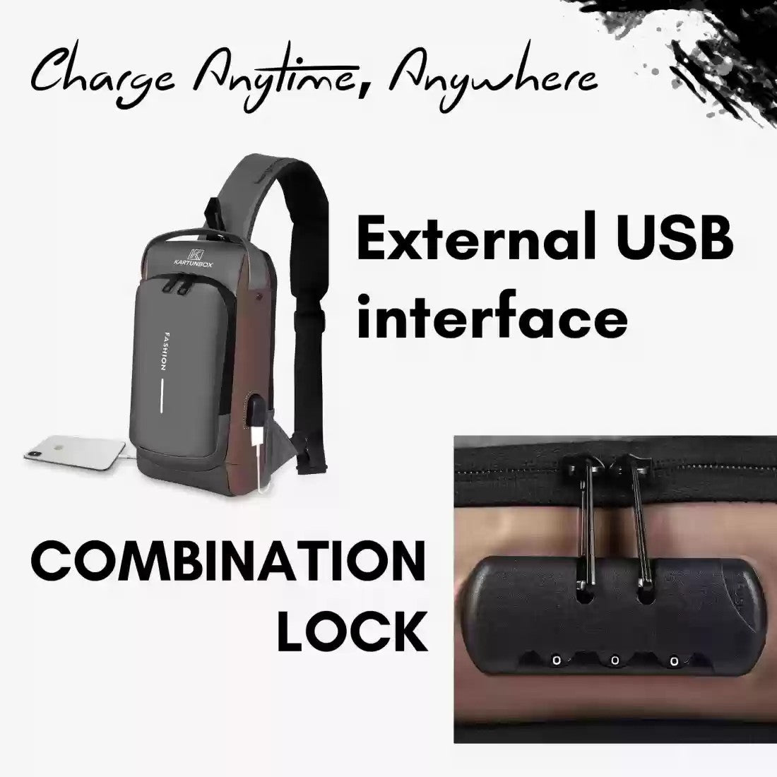 Sling Bag Business Men Bag Chest Crossbody Bags with USB Charging Port Waterproof Small Backpack for Outdoor Work Hiking Running Sport Travel Bag Shoulder Bag