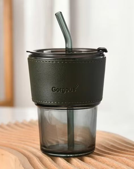 Glass Sipper with Straw & Lid 435 Ml,Glass Cup with Leather Sleeve Straw & Direct Drinking Mouth,Summer Travel Mug Leak Proof Lid Tumbler Coffee,Tea, Juice, Milk Beverages Mug for All