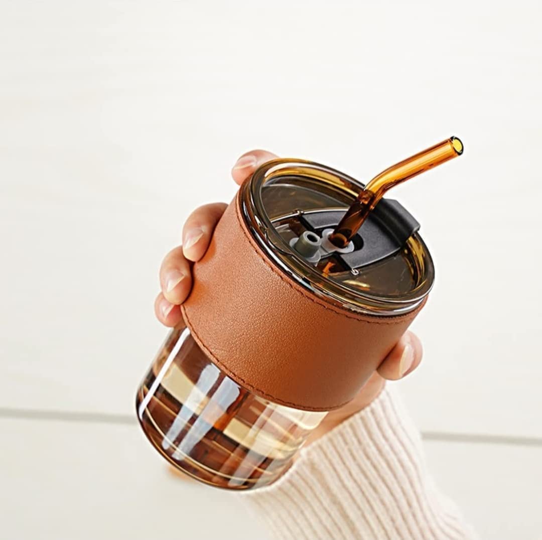 Glass Sipper with Straw & Lid 435 Ml,Glass Cup with Leather Sleeve Straw & Direct Drinking Mouth,Summer Travel Mug Leak Proof Lid Tumbler Coffee,Tea, Juice, Milk Beverages Mug for All