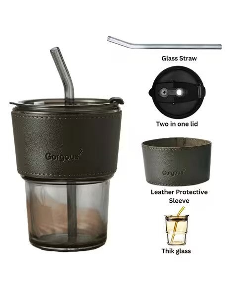 Glass Sipper with Straw & Lid 435 Ml,Glass Cup with Leather Sleeve Straw & Direct Drinking Mouth,Summer Travel Mug Leak Proof Lid Tumbler Coffee,Tea, Juice, Milk Beverages Mug for All