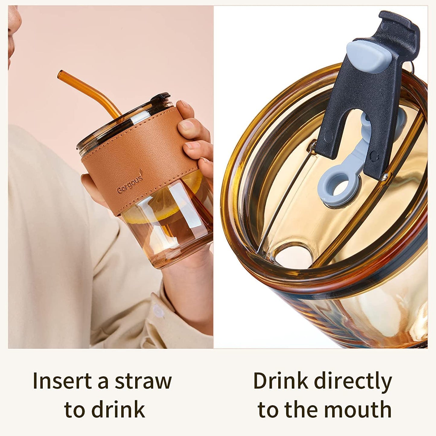Glass Sipper with Straw & Lid 435 Ml,Glass Cup with Leather Sleeve Straw & Direct Drinking Mouth,Summer Travel Mug Leak Proof Lid Tumbler Coffee,Tea, Juice, Milk Beverages Mug for All