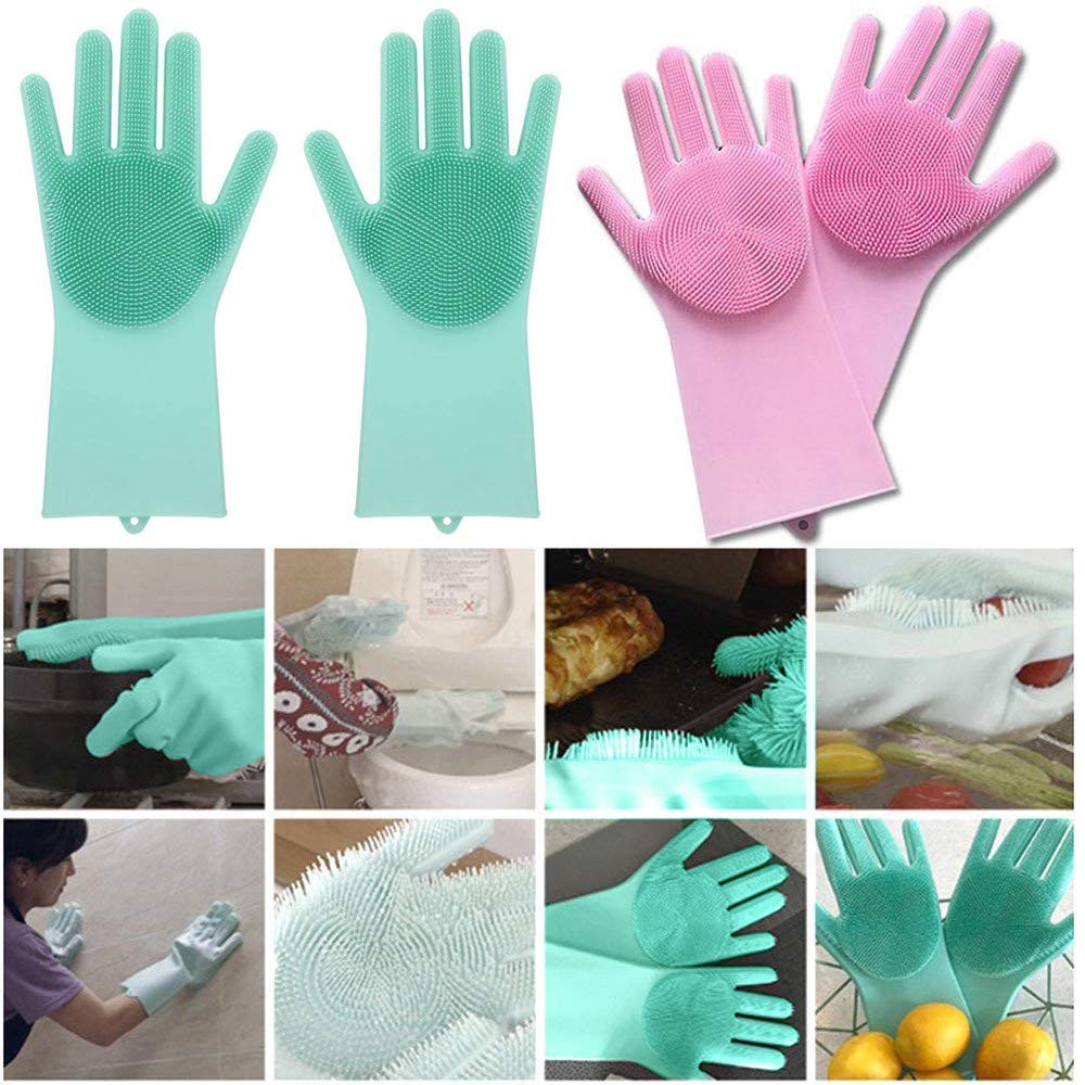 Gloves Magic Silicone Dish Washing Gloves, Silicon Cleaning Gloves, Silicon Hand Gloves for Kitchen Dishwashing and Pet Grooming, Great for Washing Dish, Bathroom (Multicolour, 1 Pair)