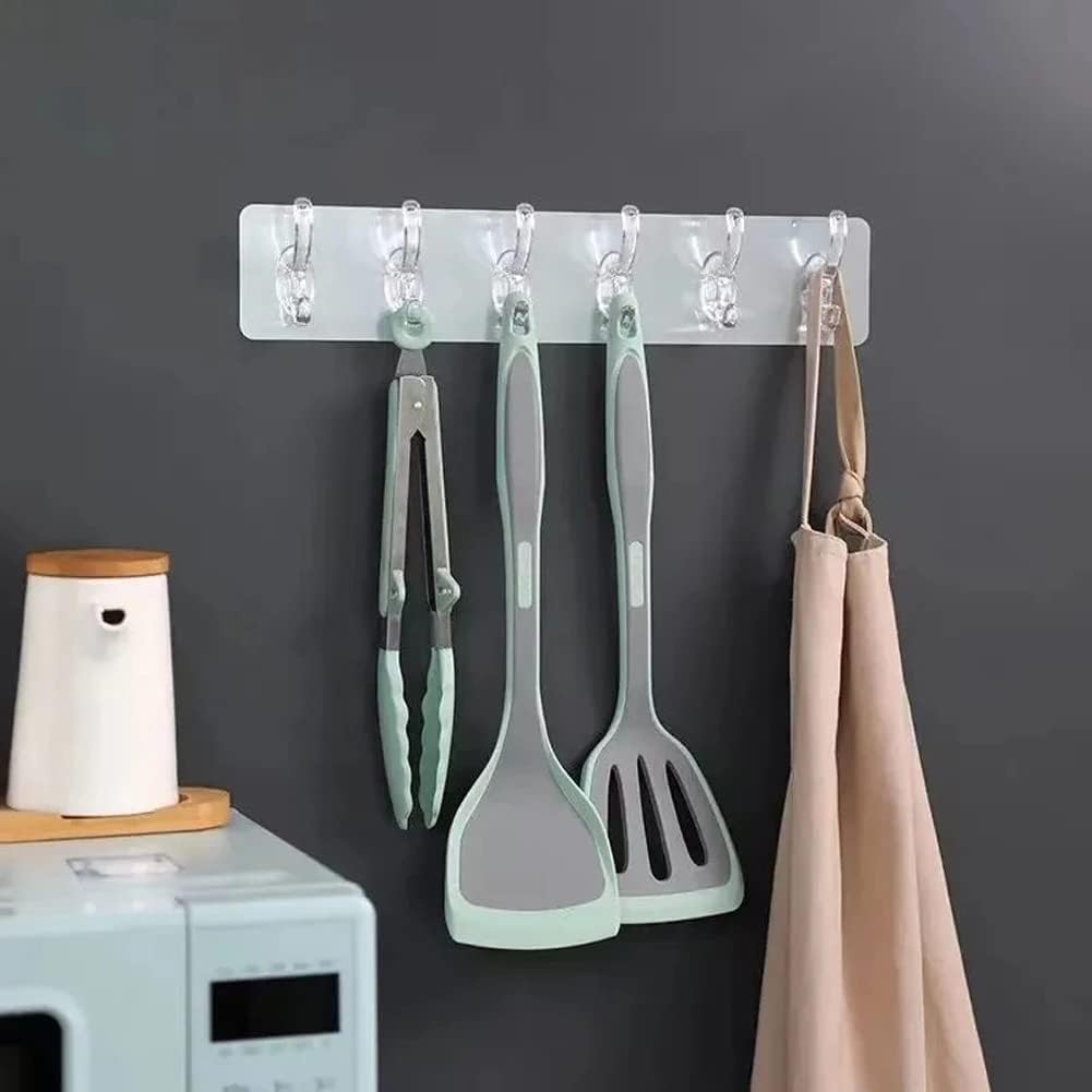 Wall Hanger Hooks for Cloth Hanger for Wall Strong Self Adhesive Magic Sticker for Kitchen Hangers and Hooks, Home, Bathroom, Bedroom, Door Sticker Hooks for Walls (Pack of 1, 6 Hook Strip)
