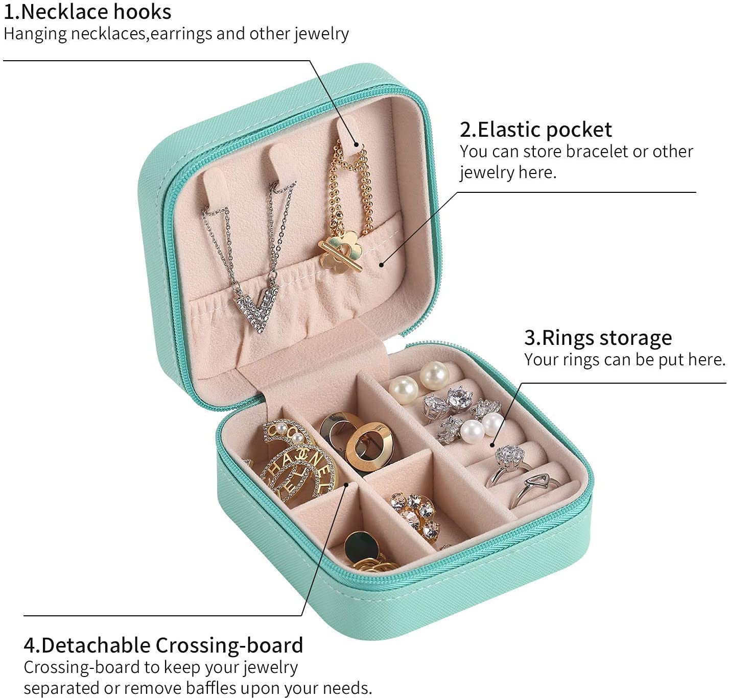 Jewellery Box Organiser PU Leather Zipper Portable Storage Box Case with Dividers Container for Rings, Earrings, Necklace Home Organizer