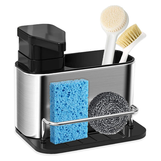 Dish Soap Dispenser for Kitchen Sink, 3 in 1 Kitchen Sink Caddy with Sponge Holder, Stainless Steel Kitchen Sink Organizer with Soap Dispenser