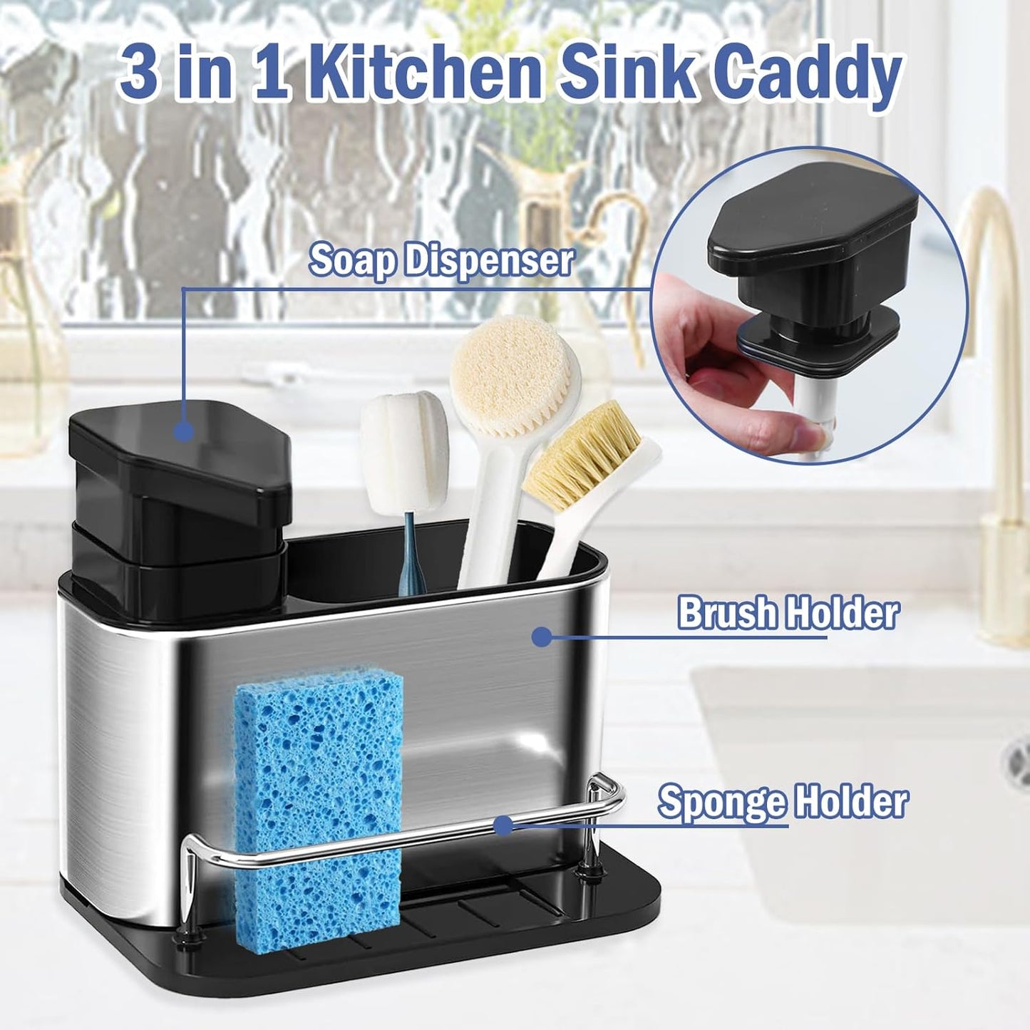 Dish Soap Dispenser for Kitchen Sink, 3 in 1 Kitchen Sink Caddy with Sponge Holder, Stainless Steel Kitchen Sink Organizer with Soap Dispenser