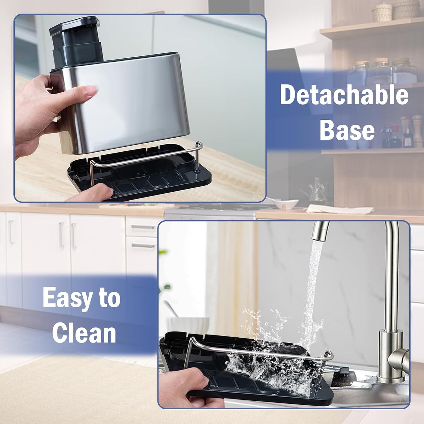 Dish Soap Dispenser for Kitchen Sink, 3 in 1 Kitchen Sink Caddy with Sponge Holder, Stainless Steel Kitchen Sink Organizer with Soap Dispenser