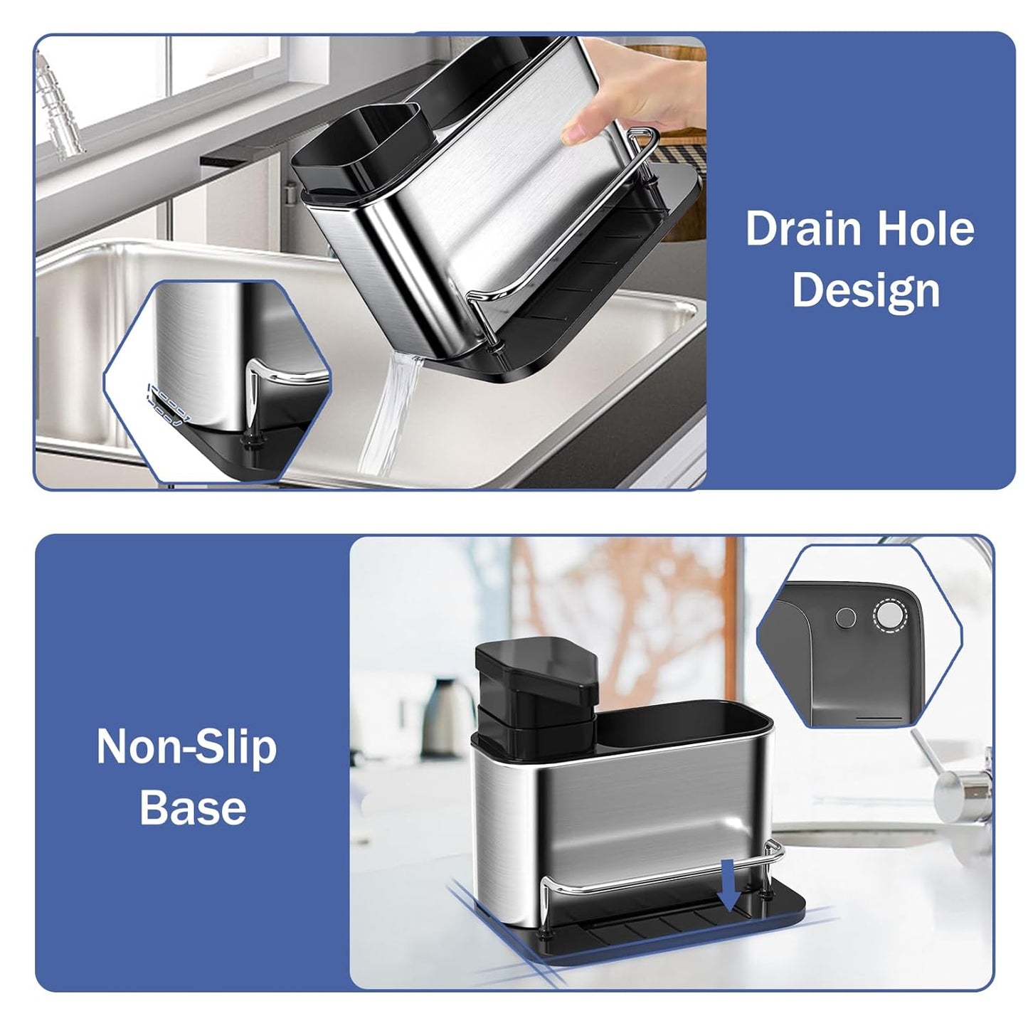 Dish Soap Dispenser for Kitchen Sink, 3 in 1 Kitchen Sink Caddy with Sponge Holder, Stainless Steel Kitchen Sink Organizer with Soap Dispenser