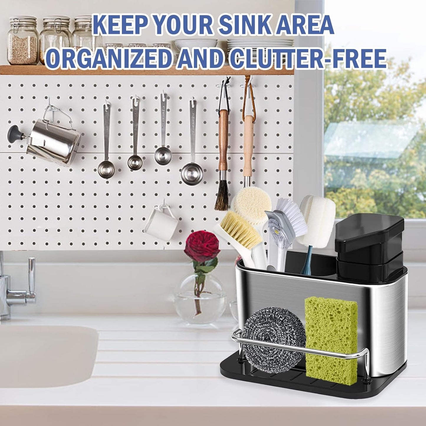 Dish Soap Dispenser for Kitchen Sink, 3 in 1 Kitchen Sink Caddy with Sponge Holder, Stainless Steel Kitchen Sink Organizer with Soap Dispenser
