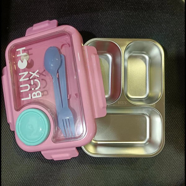 Kid's Delight 3 grid Bento Lunch Box with extra container, spoon & fork 750 ML