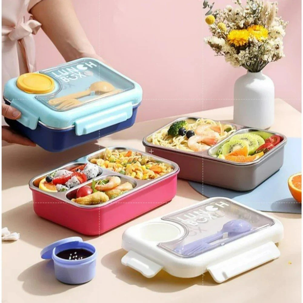 Kid's Delight 3 grid Bento Lunch Box with extra container, spoon & fork 750 ML
