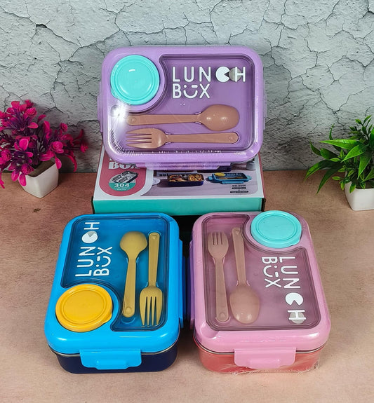 Kid's Delight 3 grid Bento Lunch Box with extra container, spoon & fork 750 ML
