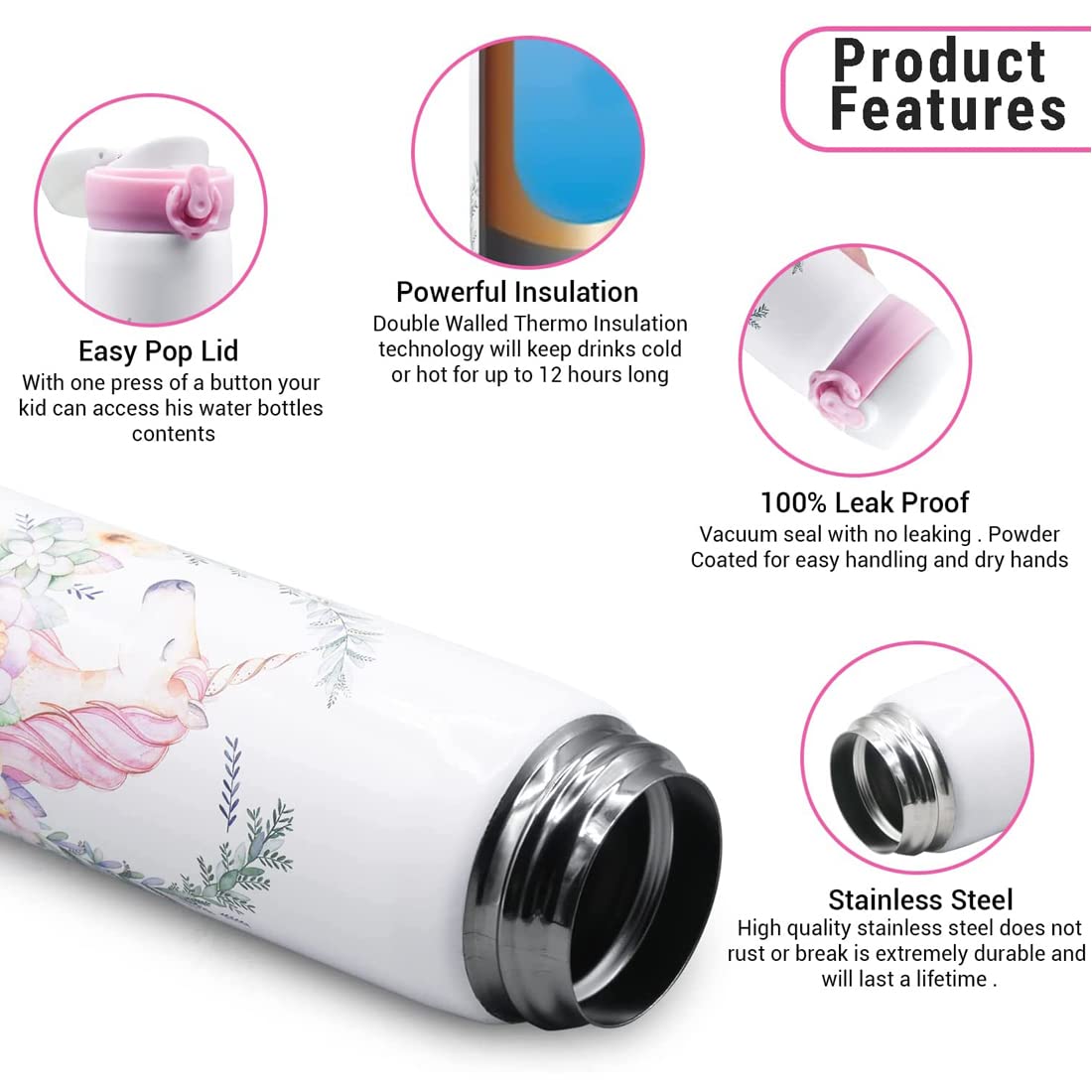 Unicorn Water Bottle Stainless Steel Kids Bottle 500 ML