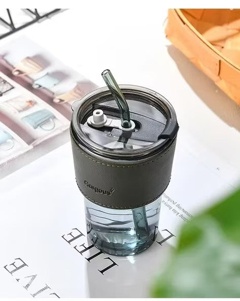 Glass Sipper with Straw & Lid 435 Ml,Glass Cup with Leather Sleeve Straw & Direct Drinking Mouth,Summer Travel Mug Leak Proof Lid Tumbler Coffee,Tea, Juice, Milk Beverages Mug for All
